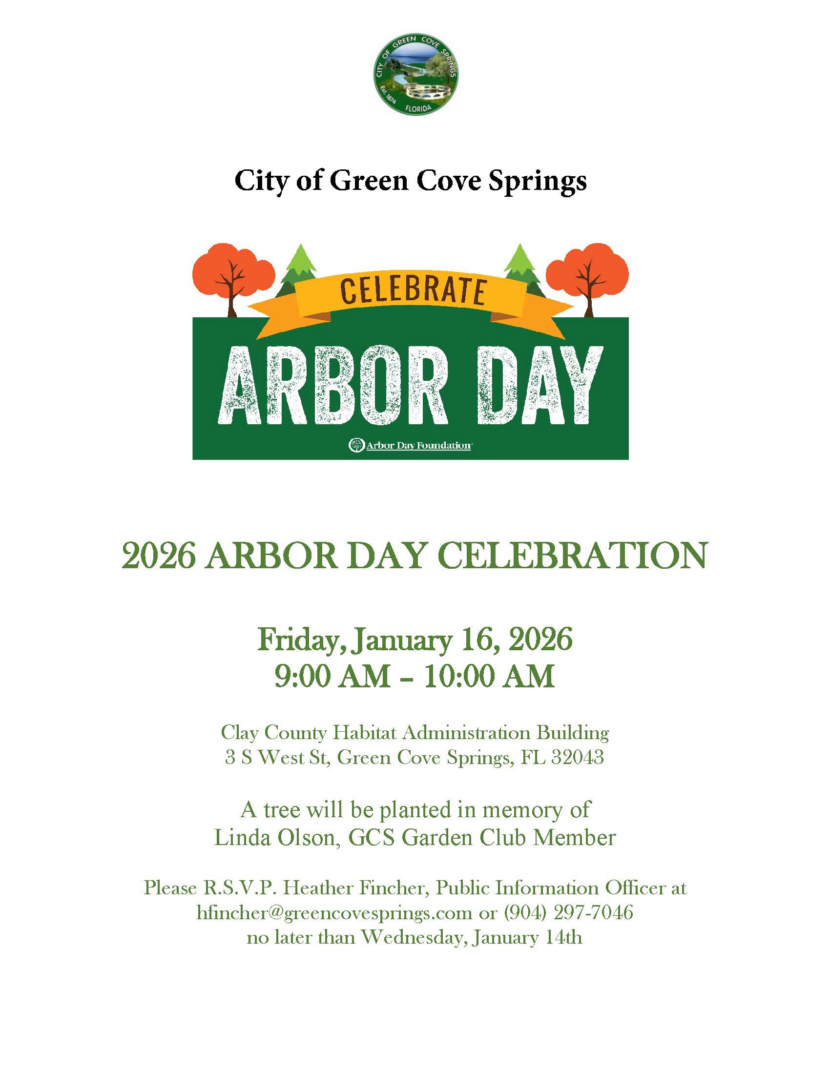 Arbor Day 2026 Ceremony on January 16 from 9 AM - 10 AM at Clay County Habitat Admin Building