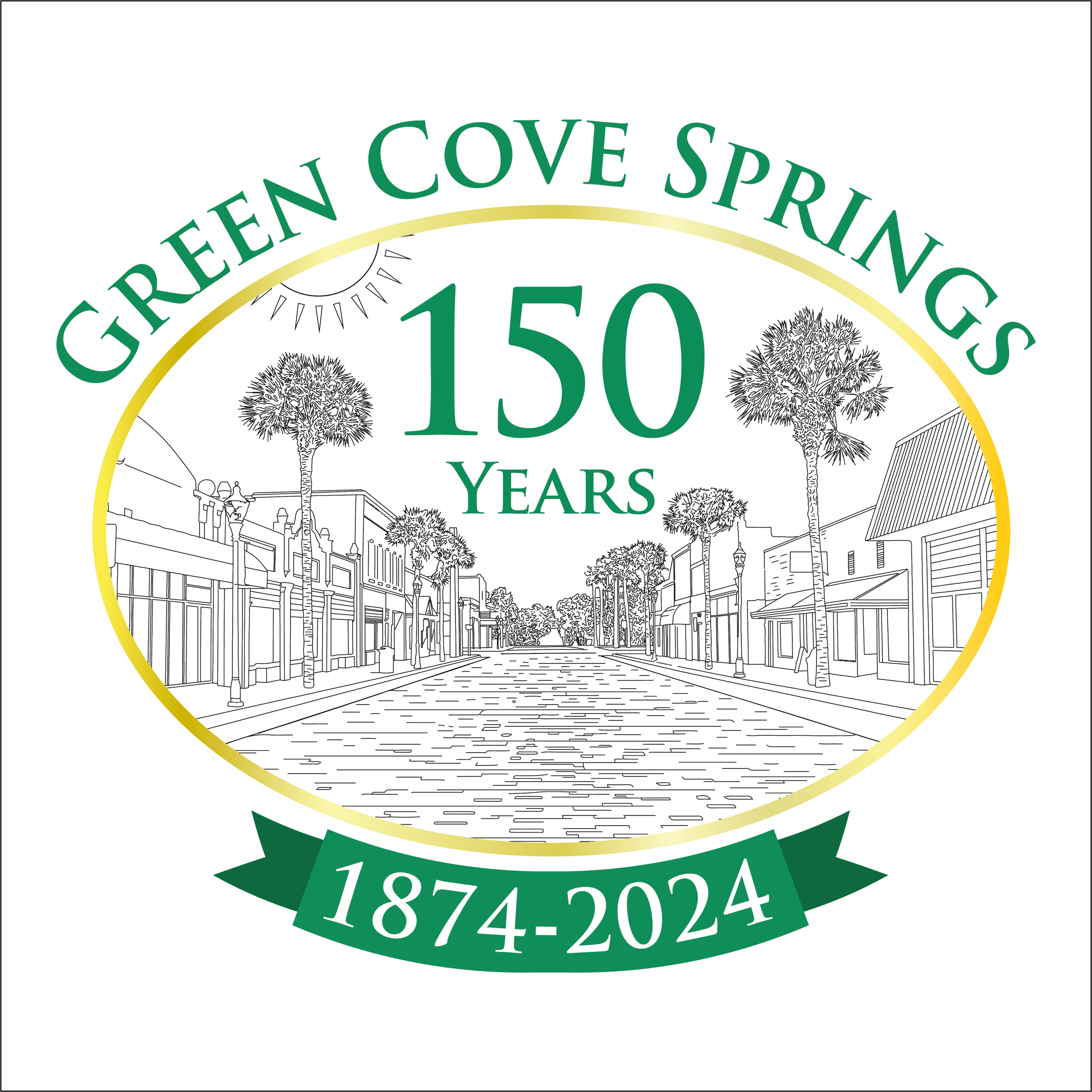 City 150th Anniversary Logo of green and gold with an outline of Walnut St 